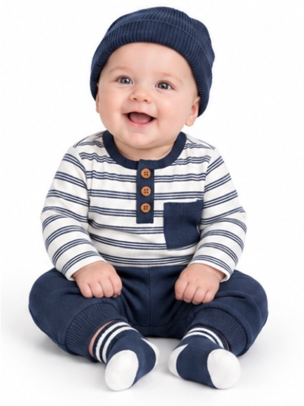 NEW - Rachel Zoe Baby Boy 4 Piece Navy Striped Outfit Hat Socks 3-6M
